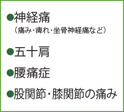 ●神経痛（痛み･しびれ･坐骨神経痛など）　●リウマチ　●五十肩　●腰痛症